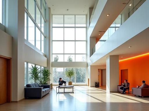 Interior view of a modern building with floor-to-ceiling windows and ample natural light.
